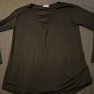 Bibi Womens‎ Black Lattice Strappy V-Neck Long Sleeve Top Large